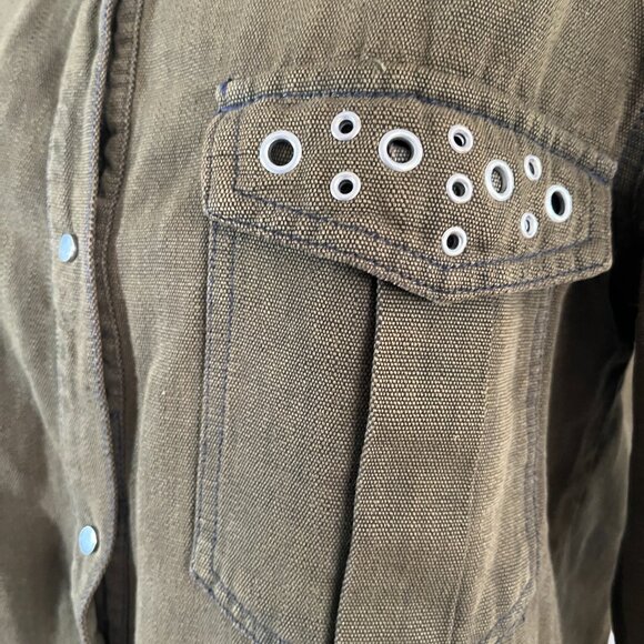 Zara Woman Sz S Denim Collection Cotton Canvas Olive Drab Grommet Detail Shirt - Picture 6 of 7